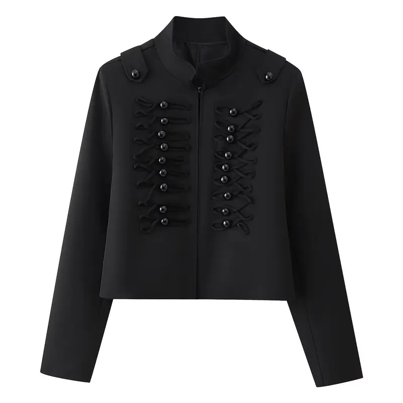 Damen Kurze uniforminspirierte Jacke mit Stehkragen und dekorativen Kordel‑Applikationen Drune