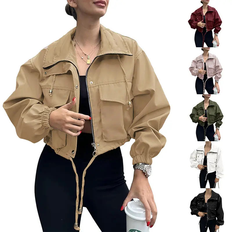 Damen Kurze Utility-Bomberjacke mit Kordelzug und Oversized-Ärmeln Drune