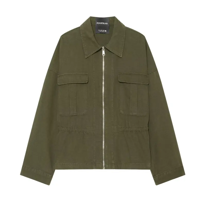 Damen kurze Utility-Jacke mit Reißverschluss, aufgesetzten Brusttaschen und Taillenzug Drune