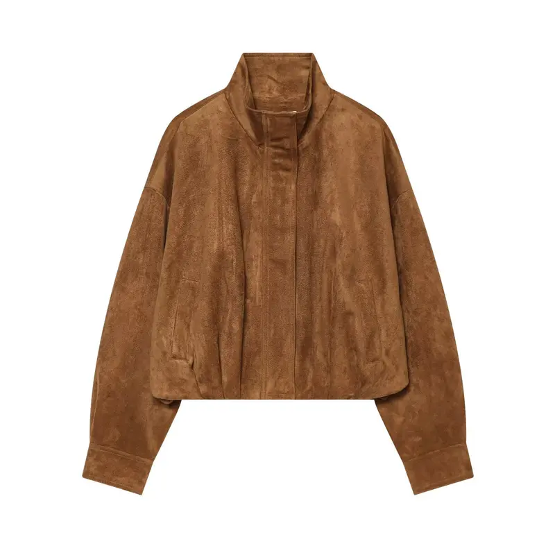 Damen Kurze Velours‑Suede‑Bomberjacke mit Stehkragen und verdeckter Knopfleiste Drune