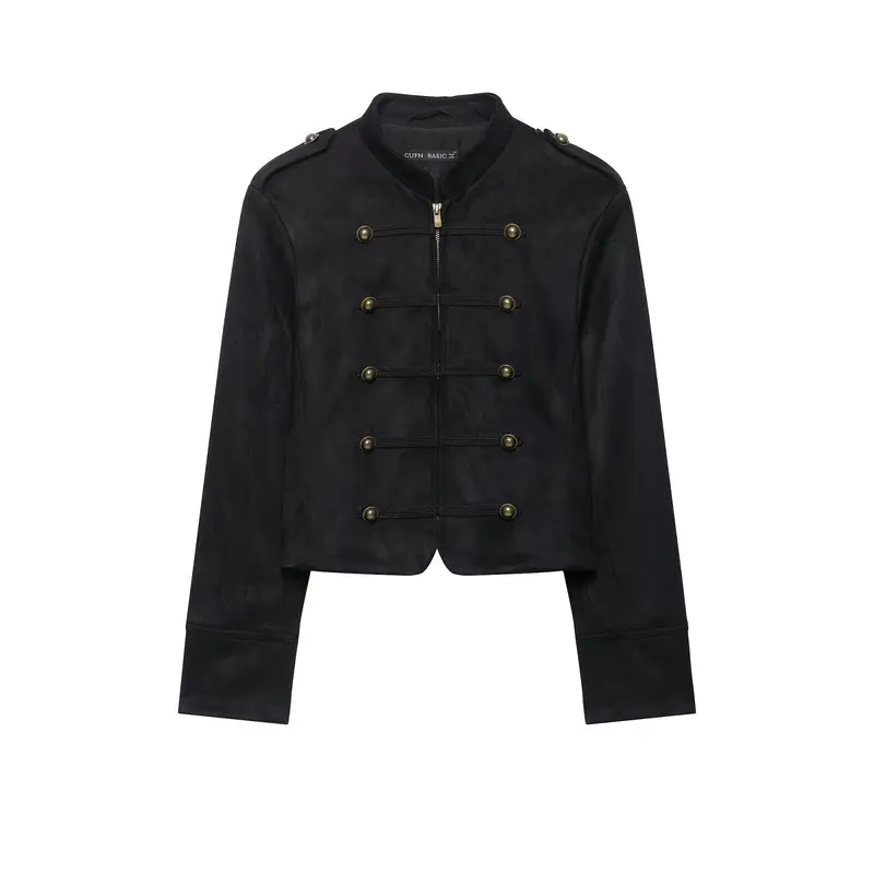 Damen Kurze Veloursjacke im Budapester‑Militärstil mit Stehkragen und dekorativen Metallknöpfen Drune