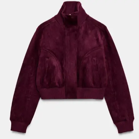 Damen Kurze Veloursleder-Bomberjacke mit hohem Rippenkragen, elastischem Saum und Eingrifftaschen Drune