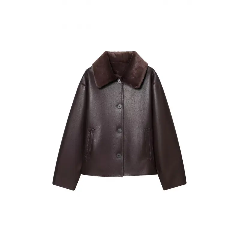 Damen Kurze Wende‑Lammfelljacke mit vollem Umlegekragen und warmer Teddyfütterung Drune