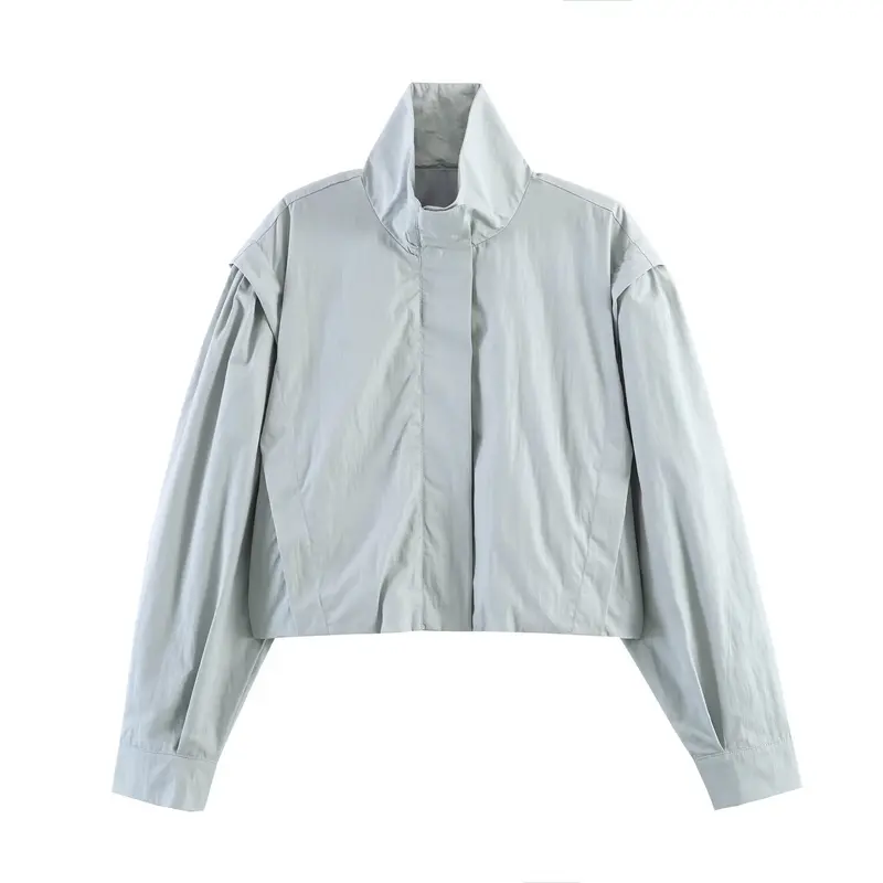 Damen Kurze Windjacke mit Stehkragen, oversized Ärmeln und verdeckter Front Drune