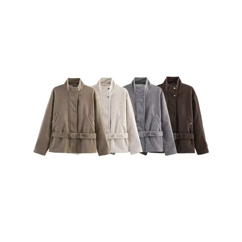 Damen Kurze Wollmix-Übergangsjacke mit Taillengürtel und Stehkragen Drune