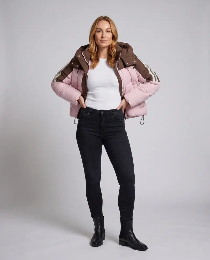 Damen kurze zweifarbige gesteppte Kurzjacke mit abnehmbarem Kragenbesatz und sportlichen Ärmelstreifen