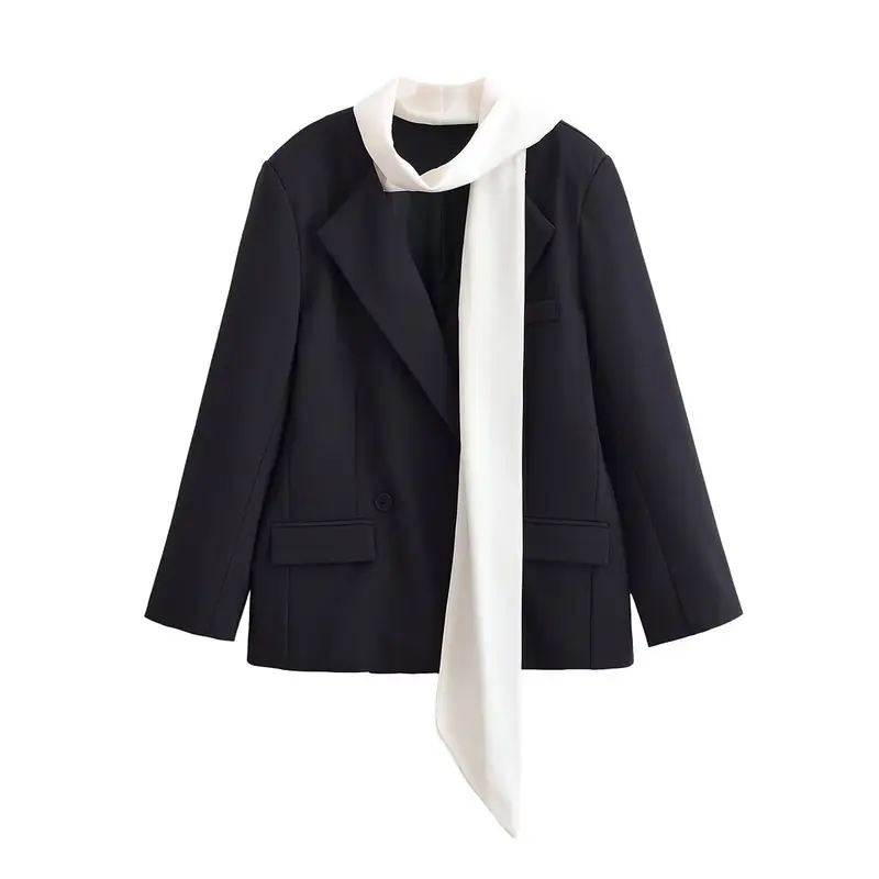 Damen Kurzer Blazer mit angenähter Schluppen‑Krawatte und Pattentaschen Drune