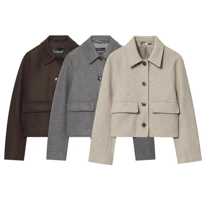 Damen Kurzer boxy Wollblouson mit Hemdkragen und Pattentaschen Drune