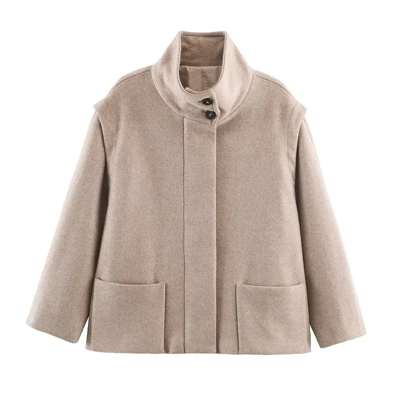 Damen Kurzer Boxy-Wollmix-Mantel mit hohem Stehkragen und verdeckter Knopfleiste Drune