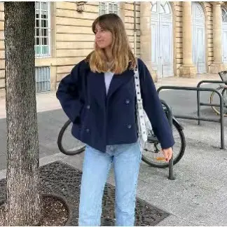 Damen Kurzer Boxy-Wollmix-Peacoat mit doppelreihiger Knopfleiste und aufgesetzten Taschen Drune