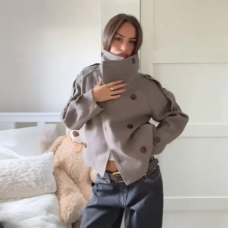 Damen Kurzer Cape-ähnlicher Wollmix-Peacoat mit hohem Funnelkragen und Raglanärmeln Drune