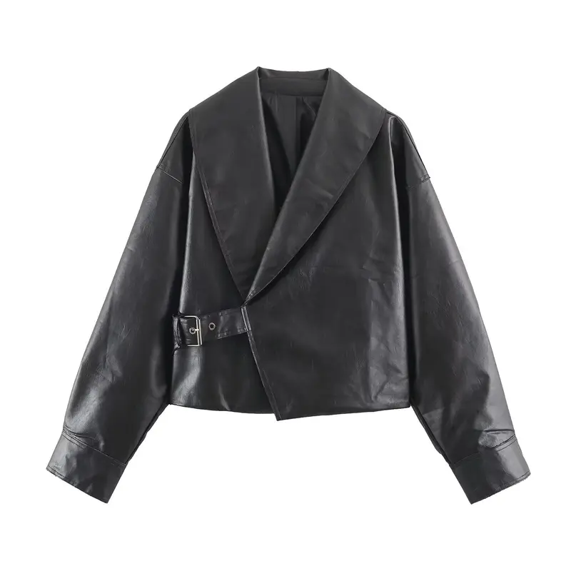Damen Kurzer Cropped Kunstleder‑Blouson mit übergroßem Schalkragen und seitlicher Schnallen‑Taillierung Drune