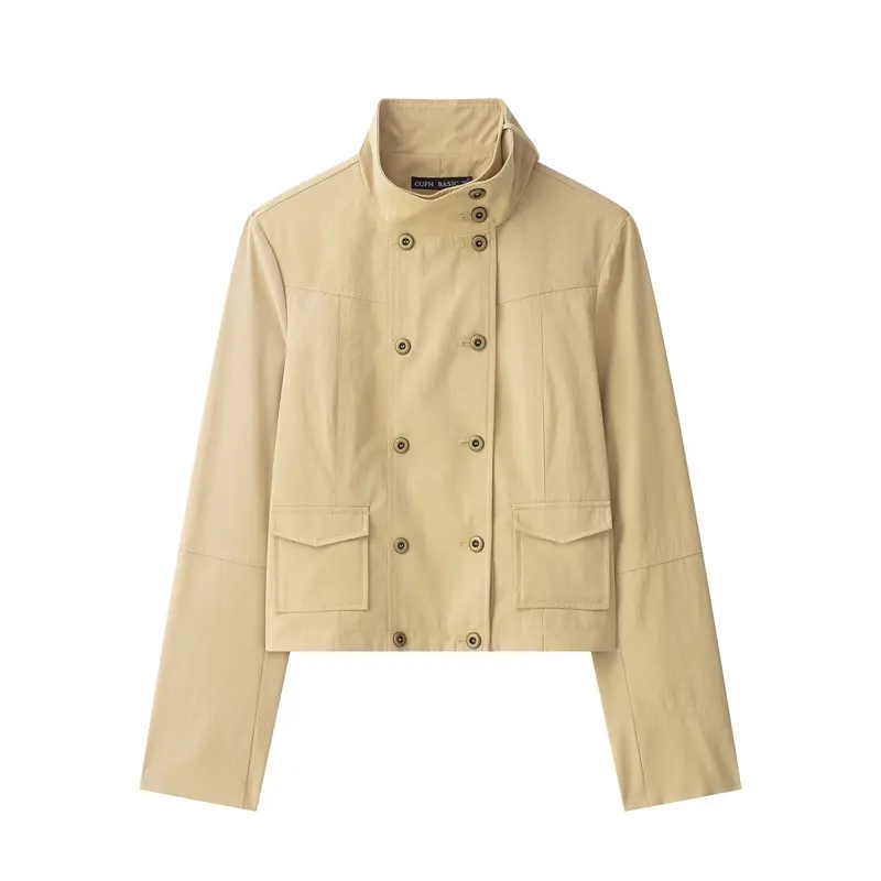 Damen Kurzer Doppelreihiger Field‑Blouson im Utility‑Stil mit Stehkragen Drune