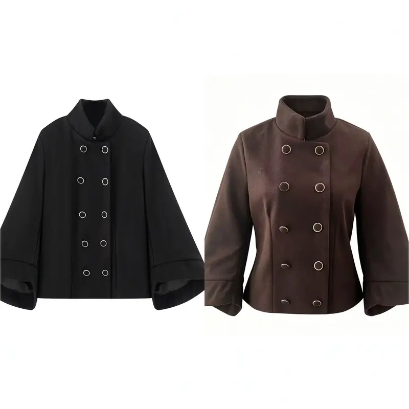 Damen Kurzer Doppelreihiger Wollmix-Mantel mit Stehkragen, Glockenärmeln und Metallknöpfen Drune