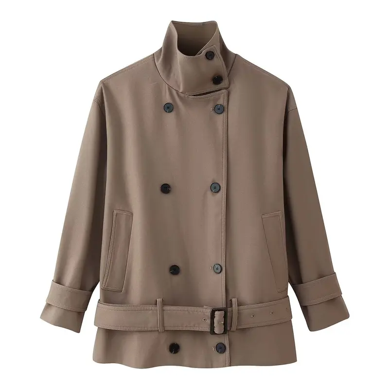 Damen Kurzer doppeltreihiger Trenchcoat mit Stehkragen und Taillengürtel Drune