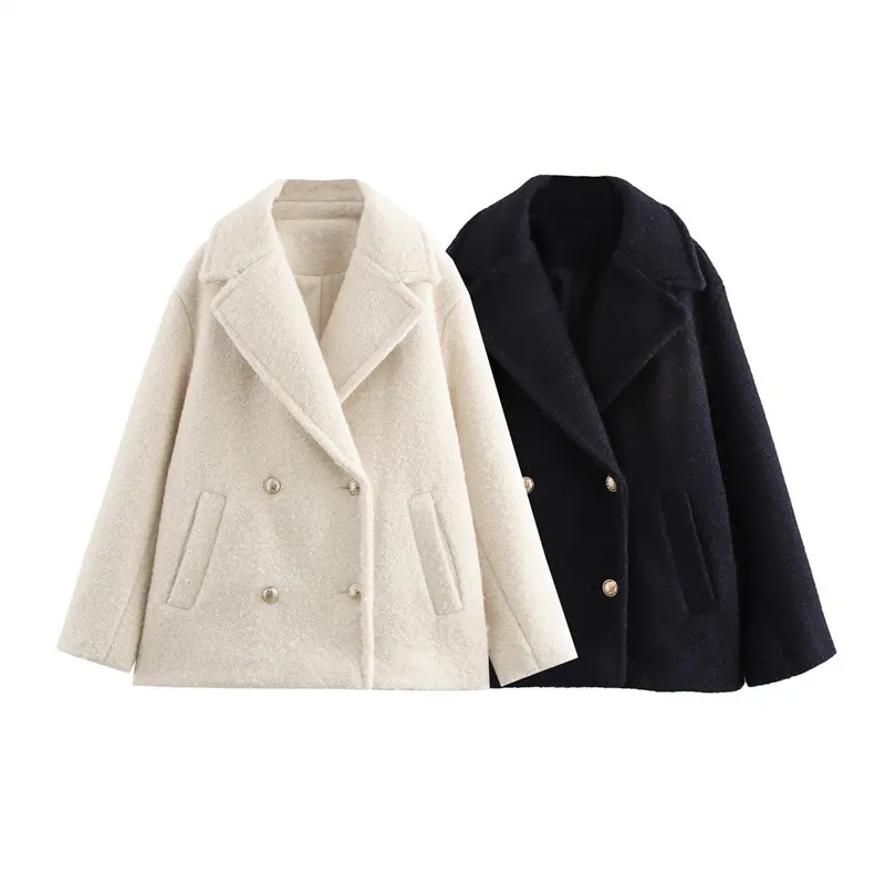 Damen Kurzer doppeltreihiger Wollmix-Peacoat mit weitem Revers Drune