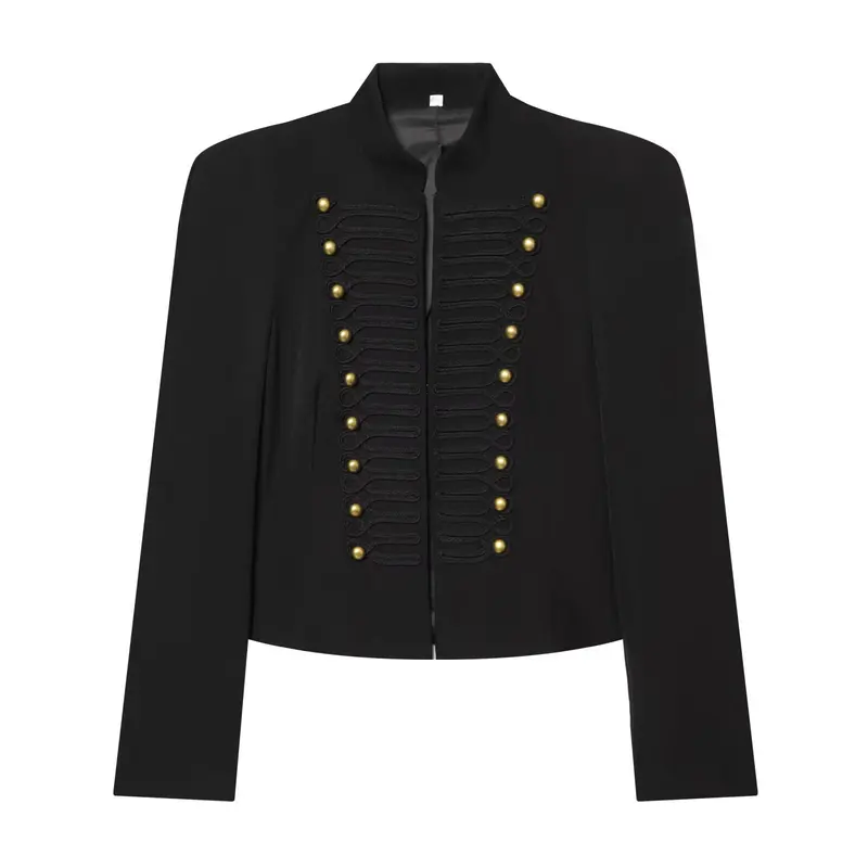 Damen Kurzer Feldblazer mit Stehkragen, Kordelverzierung und Messingknöpfen Drune