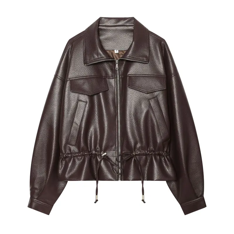 Damen Kurzer Lederoptik Blouson mit Tunnelzugtaillierung Drune