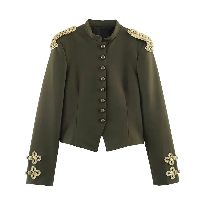 Damen Kurzer Militärblazer mit Stehkragen, goldverzierten Epauletten und dekorativen Knoten Drune