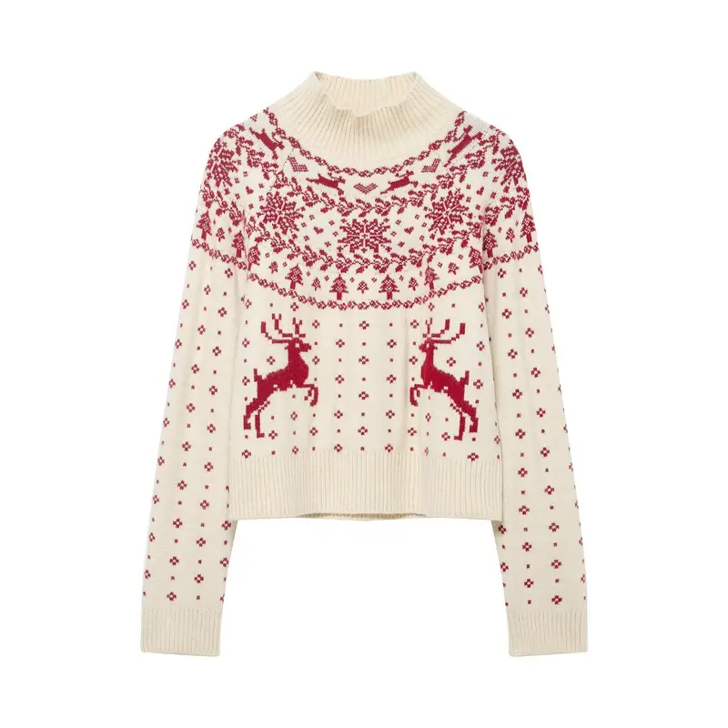 Damen kurzer Norwegerstrickpullover mit hohem Rippkragen und Rentiermotiv Drune