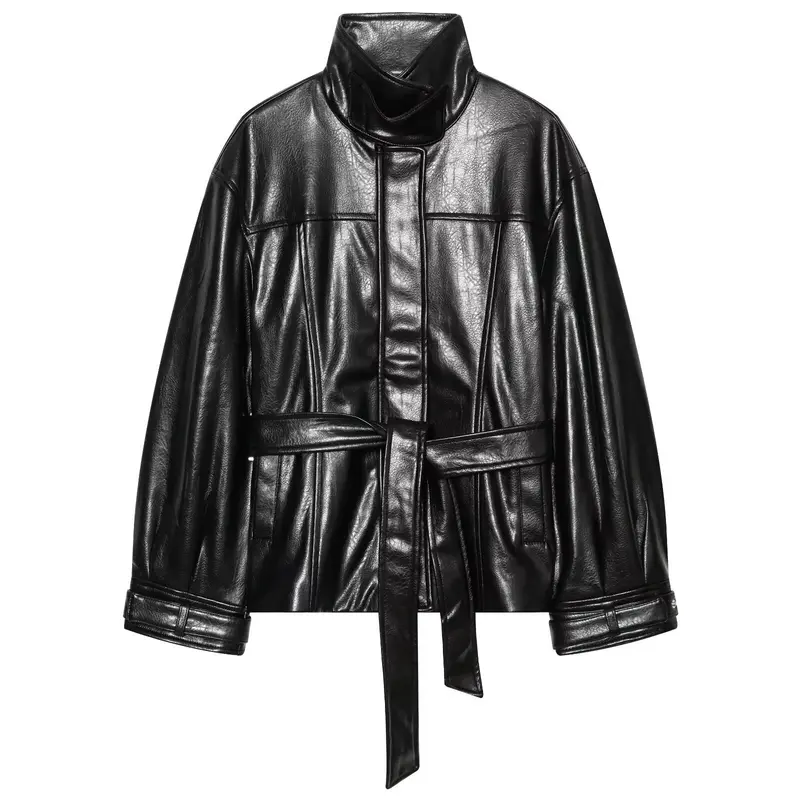 Damen Kurzer Oversize-Kunstledertrench mit hohem Stehkragen und Taillengürtel Drune