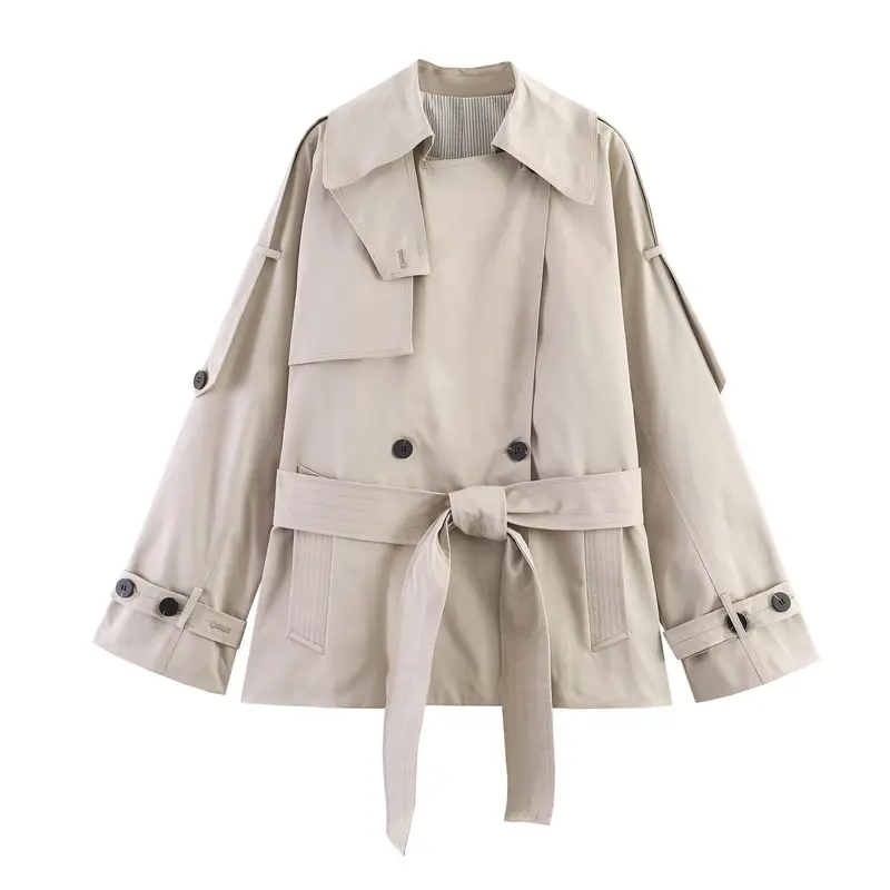 Damen Kurzer Oversize-Trenchcoat mit Bindegürtel und Cape-Detail Drune