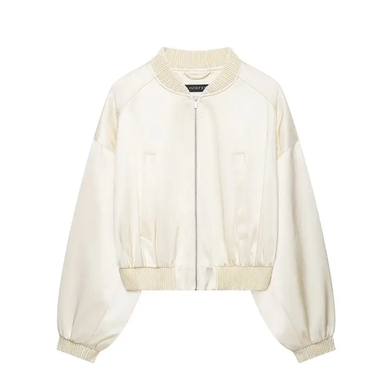 Damen Kurzer Satin-Bomber mit Oversize-Ballonärmeln und Rippkragen Drune