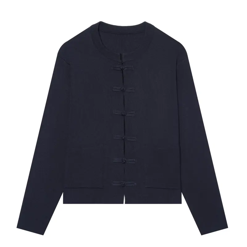 Damen Kurzer Strukturstrick-Cardigan mit Knoten-Froschverschlüssen und aufgesetzten Taschen Drune