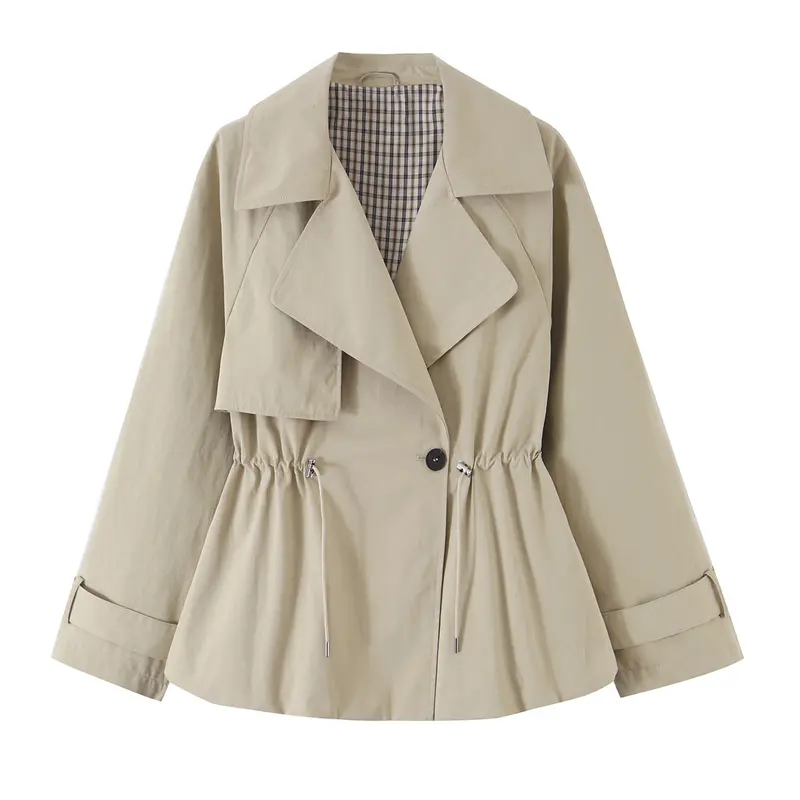 Damen Kurzer taillierter Trenchcoat mit Kordelzug und weitem Revers Drune