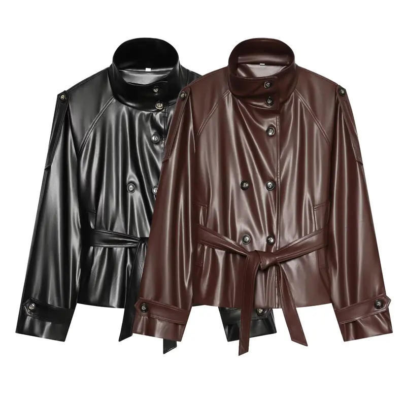 Damen Kurzer Trench‑Blouson in Lederoptik mit Taillengürtel, hohem Stehkragen und doppelter Knopfleiste Drune