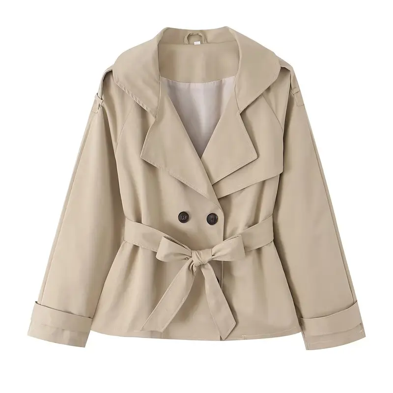 Damen Kurzer Trench‑Blouson mit Reverskapuze, Taillengürtel und doppelter Knopfleiste Drune