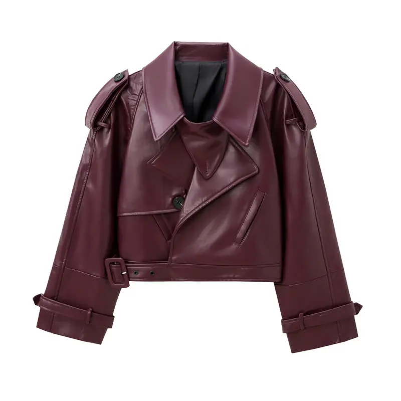 Damen Kurzer Trench-Mantel mit Taillengürtel und Schulterklappen aus veganem Leder Drune