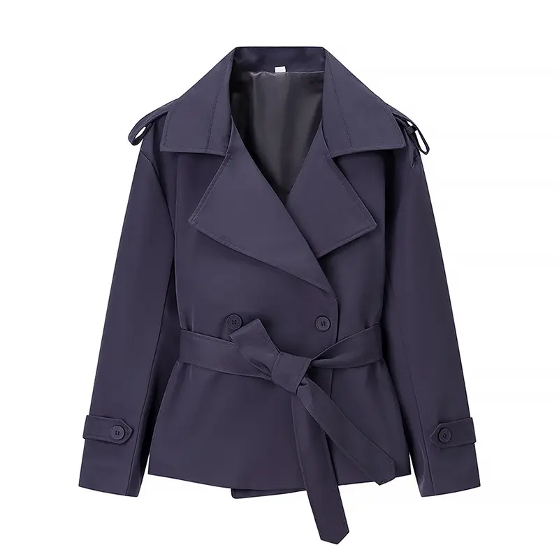 Damen Kurzer Trenchcoat mit Bindegürtel und Doppelreiher Drune
