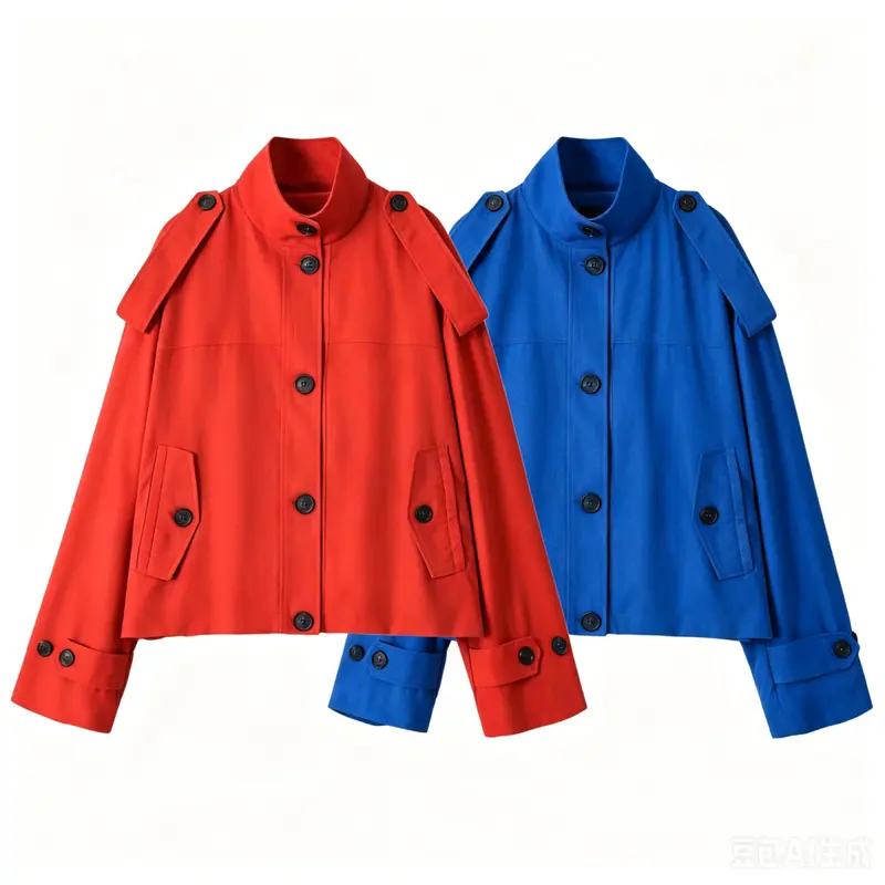 Damen Kurzer Trenchcoat mit Stehkragen und Schulterklappen Drune