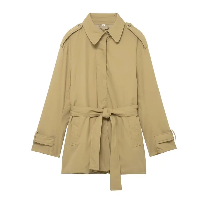 Damen Kurzer Trenchcoat mit Taillengürtel und Schulterklappen Drune