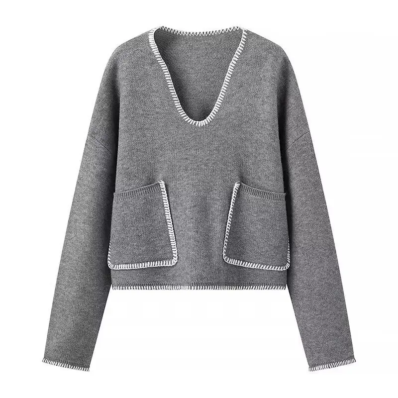 Damen Kurzer V-Ausschnitt Pullover mit Ziernähten und aufgesetzten Taschen Drune