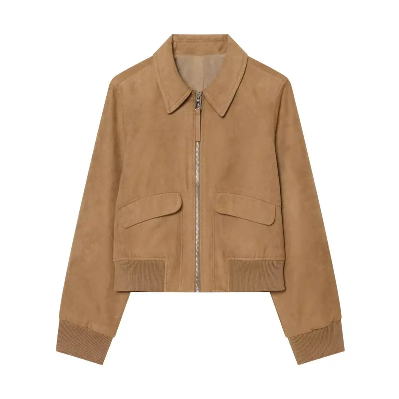 Damen Kurzer Veloursleder‑Blouson im Boxy‑Schnitt mit Hemdkragen, Klappentaschen und breitem Rippbund Drune