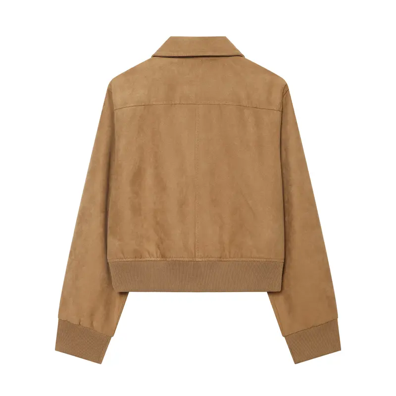 Damen Kurzer Veloursleder‑Bomber mit Reißverschluss, Pattentaschen und Rippsaum Drune
