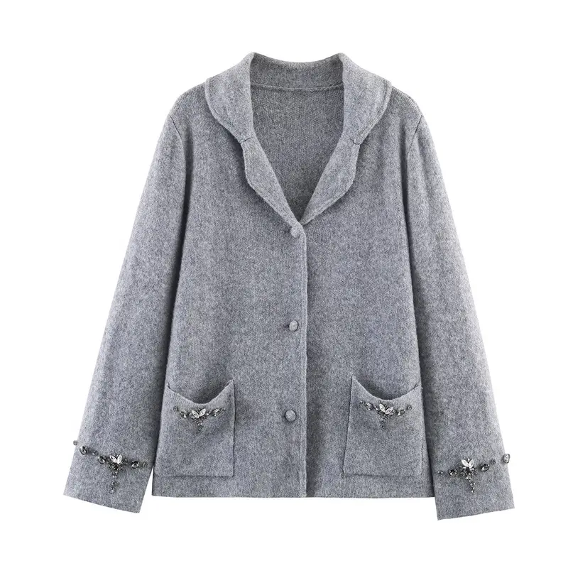 Damen Kurzer Wollmix-Cardigan-Mantel mit Schalkragen und Schmucksteinapplikationen Drune