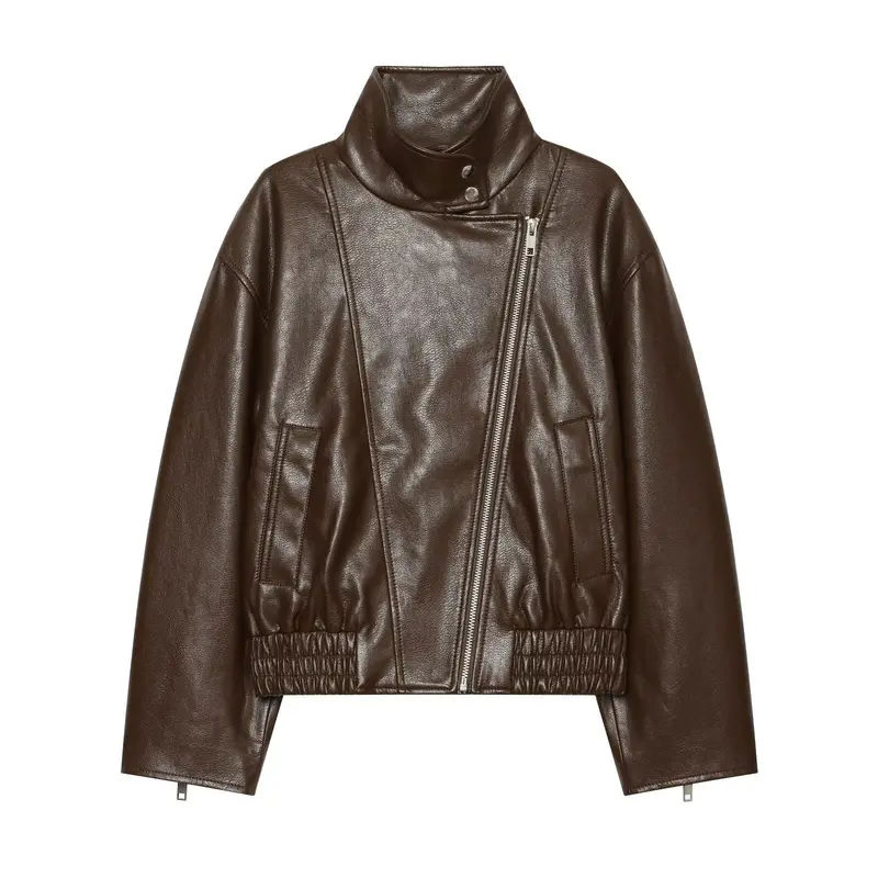 Damen Kurzes Biker‑Blouson in Lederoptik mit hohem Funnelkragen Drune