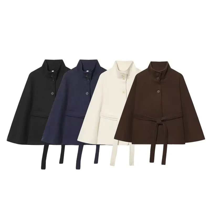 Damen Kurzes Cape-Mantel mit Stehkragen, Knopfleiste und Bindegürtel Drune
