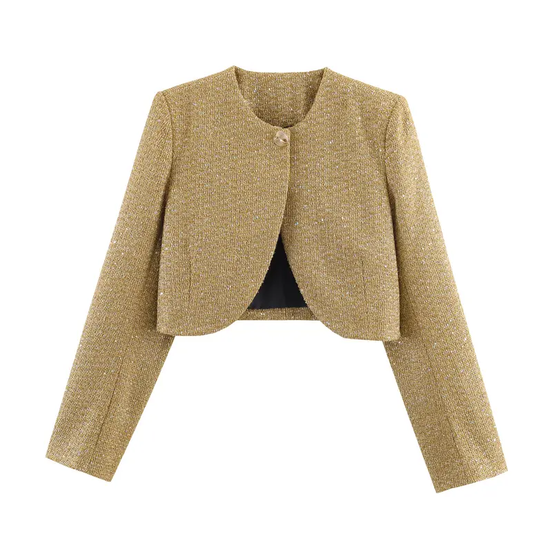 Damen Kurzgeschnittene Bouclé-Cropped-Jacke mit Rundhalsausschnitt und Ein-Knopf-Verschluss Drune