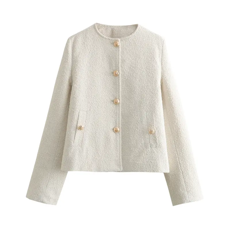 Damen Kurzgeschnittene Bouclé‑Tweedjacke mit Rundhalsausschnitt, Zierknöpfen und Pattentaschen Drune