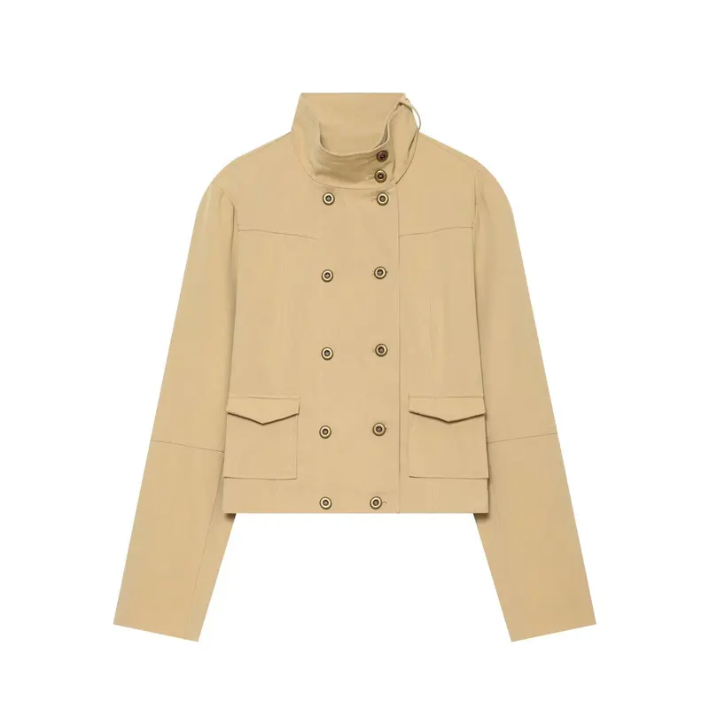 Damen Kurzgeschnittene doppeltreihige Utility-Jacke mit hohem Stehkragen Drune