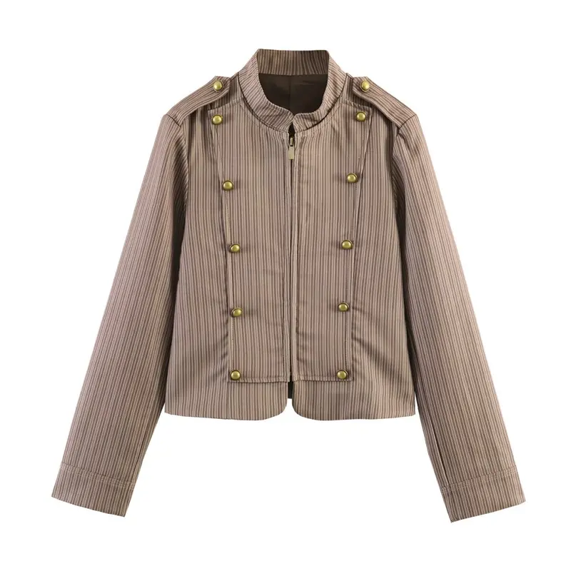 Damen Kurzgeschnittene militärinspirierte Jacke mit Stehkragen und doppelter Zierknopfreihe Drune