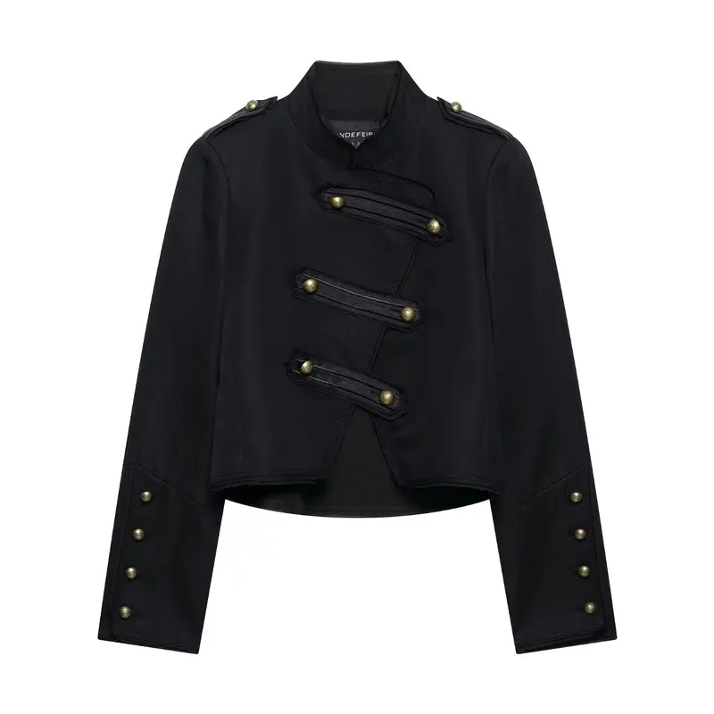 Damen Kurzgeschnittene militärisch inspirierte Jacke mit Stehkragen, Zierpatten und Metallknöpfen Drune