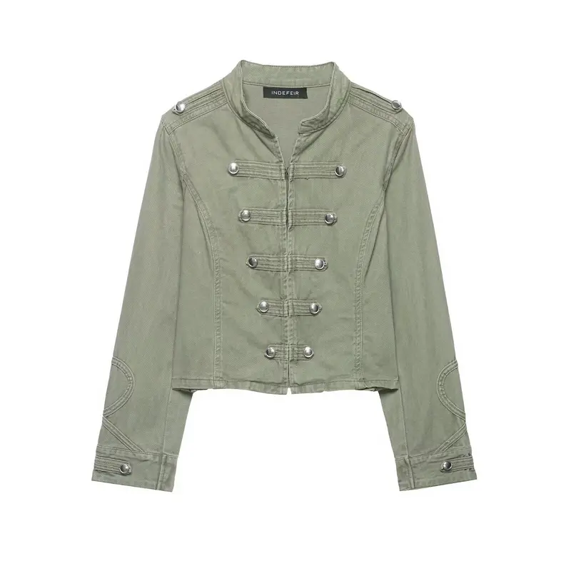 Damen Kurzgeschnittene Military-Jacke mit Stehkragen, Zierknopfleiste und taillierter Silhouette Drune