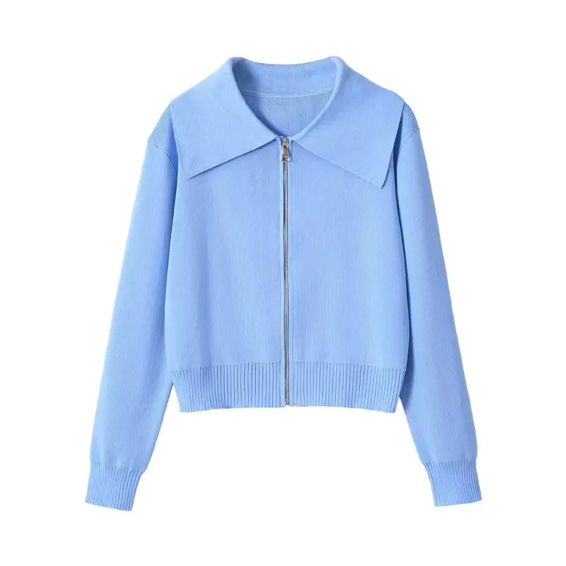 Damen Kurzgeschnittene Strickjacke mit breitem Reverskragen und Reißverschluss Drune