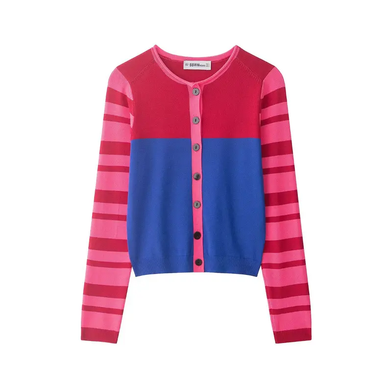 Damen Kurzgeschnittene Strickjacke mit Farbblock-Design und gestreiften Ärmeln Drune