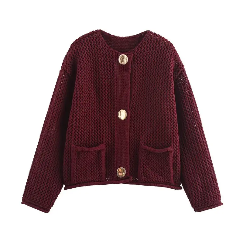 Damen Kurzgeschnittene strukturierte Strickjacke mit goldfarbenen Zierknöpfen und aufgesetzten Taschen Drune